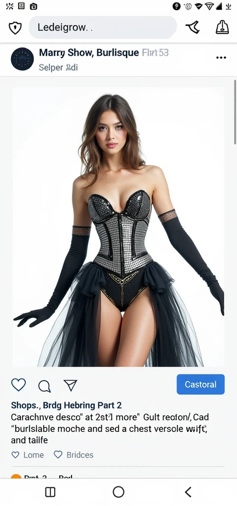 realistic girl. wearing a burlesque corset with a back skirt. The clothing is made of fabric with silver sequins.