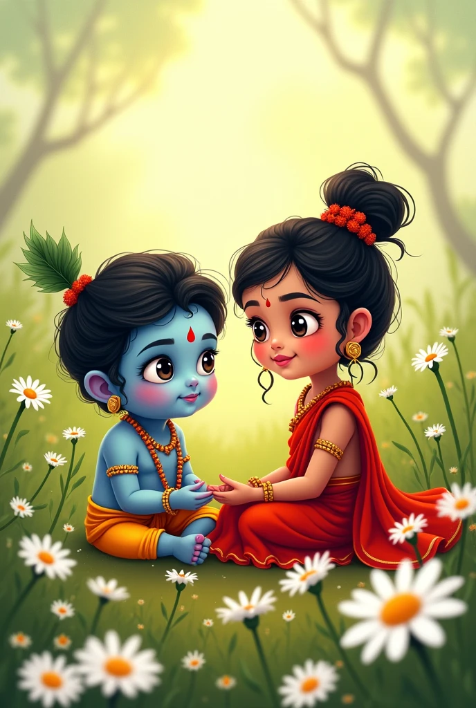Cartoon version of a girl who is wearing a red saree,with red bindi, girl is also little,sitting with little shree krisna, sit them separately childhood version, on the daisy field,