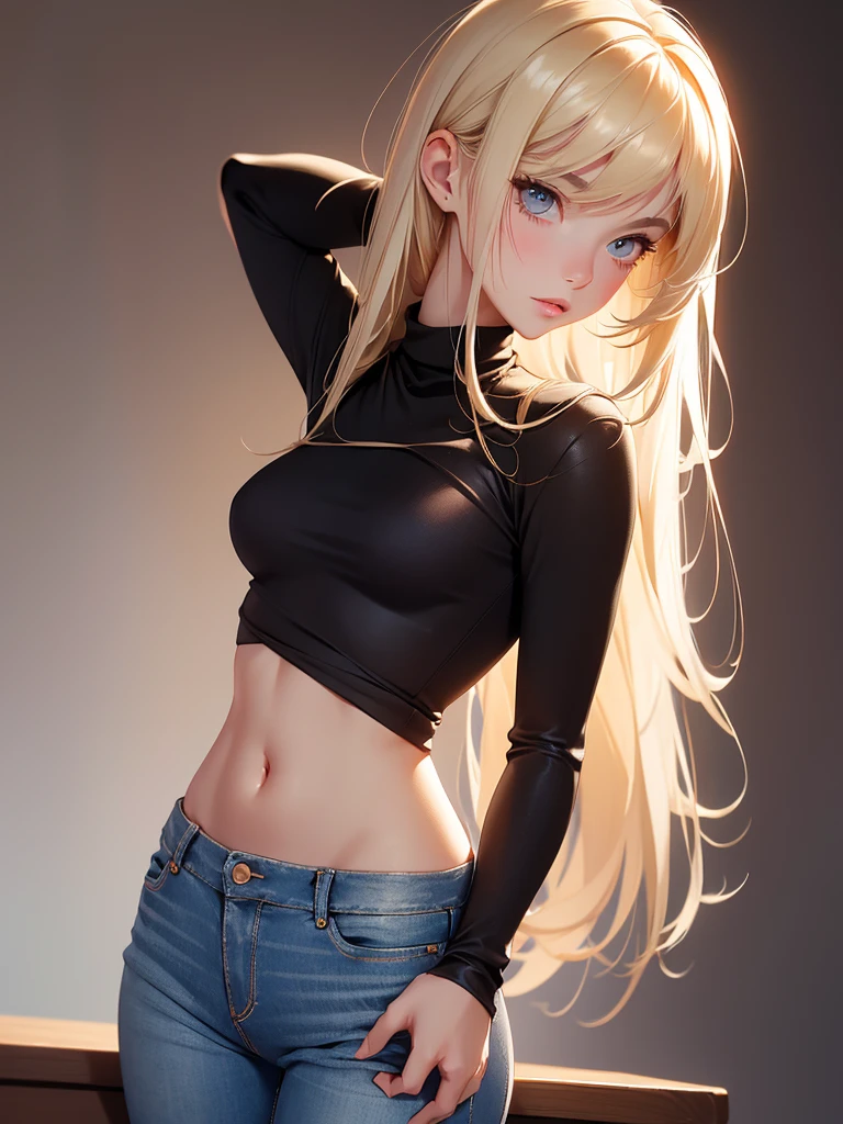 (best quality), 1girl, female, porcelain skin, blonde hair, straight hair, bangs, medium hair, swoopy tips, brown eyes, perfect eyes, black turtleneck, jeans, skinny body, , small bust, shy, masterpiece, anatomically correct, highres