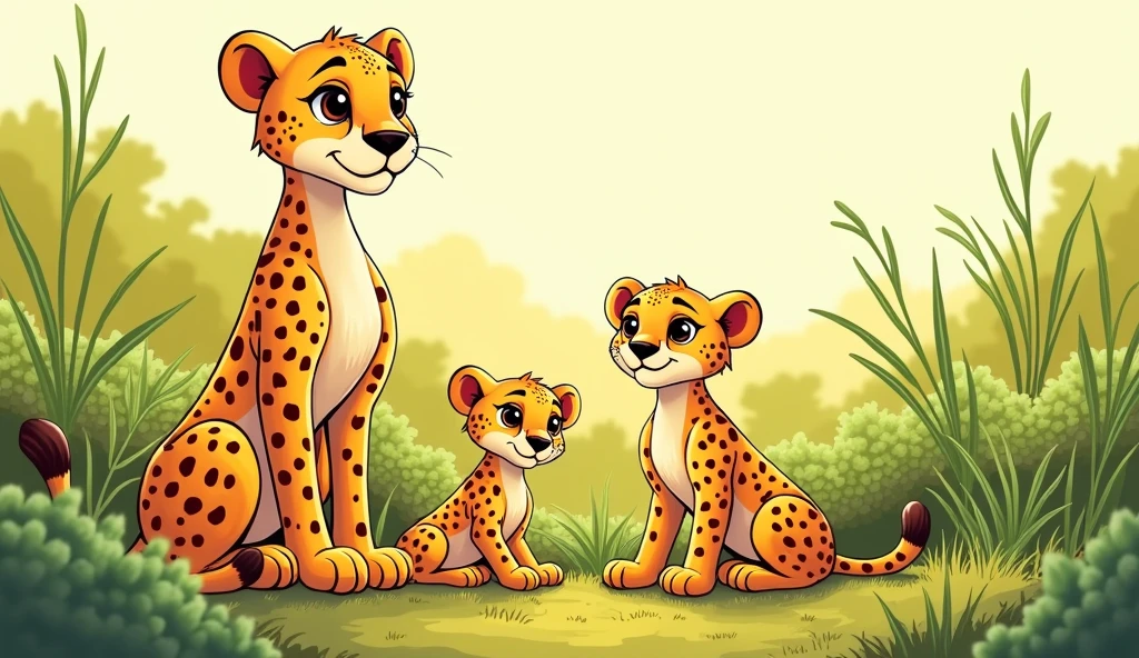 A cartoon-style illustration of a cheetah with 2 cheetah cubs in the tall grasslands of Africa with many shrubs, thick black lines, detailed textures, cute and adorable animals, vibrant colors, soft lighting, child-friendly coloring page