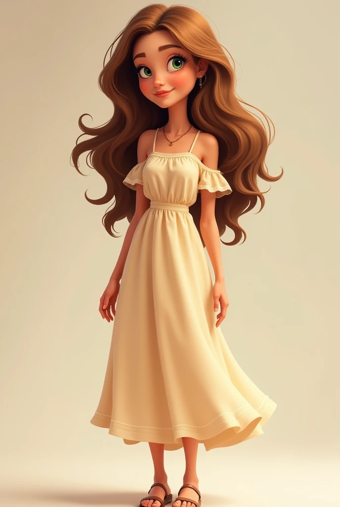 woman of medium build, with wavy light brown hair, green eyes, with dress and sandals pixar style