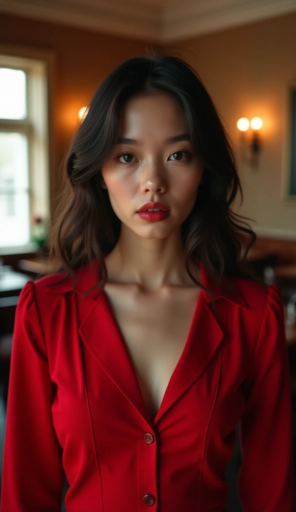 woman 20 years young, Thai, face closeup, makeup, red blazers, hat, big breast, dynamic, hard shadows portrait dark, highres, high quality, high resolution, hd, 4k, masterpiece, realistic