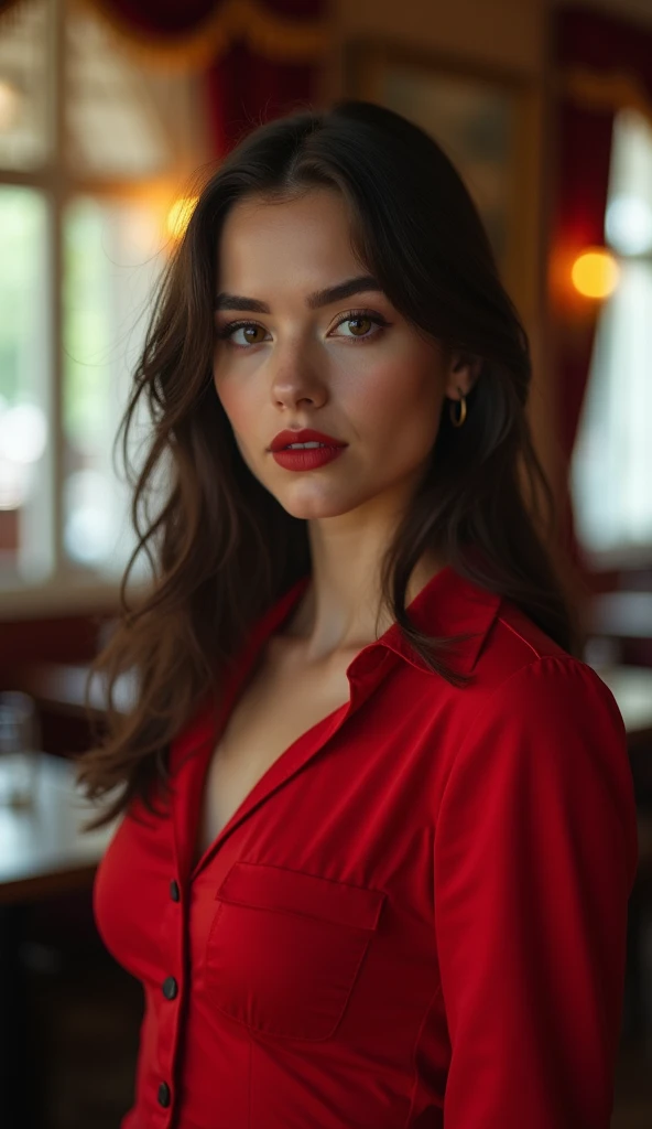 a woman standing in front in the background of a restaurant,, by Andrei Kolkoutine, tumblr, smile, portrait of a young witch girl, red elegant shirt, refined editorial photograph, wearing a gothic dress, innocent look. rich vivid colors, tom bagshaw style, elegant fashion model, girl with dark brown hair, young handsome pale roma, portait photo, ISO 300, 1/250s, F/2,8, 38 mm, extremely high quality RAW photograph, 4k, sharp focus, high resolution, 8k UHD, DSLR, high quality, film grain, Fujifilm XT3