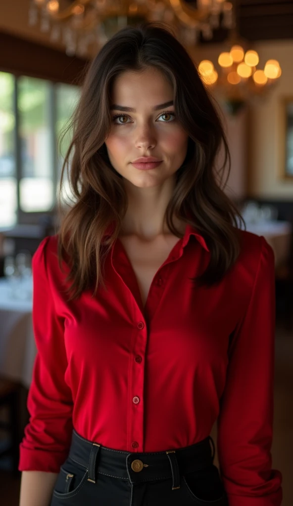 a woman standing in front in the background of a restaurant,, by Andrei Kolkoutine, tumblr, smile, portrait of a young witch girl, red elegant shirt, refined editorial photograph, wearing a gothic dress, innocent look. rich vivid colors, tom bagshaw style, elegant fashion model, girl with dark brown hair, young handsome pale roma, portait photo, ISO 300, 1/250s, F/2,8, 38 mm, extremely high quality RAW photograph, 4k, sharp focus, high resolution, 8k UHD, DSLR, high quality, film grain, Fujifilm XT3