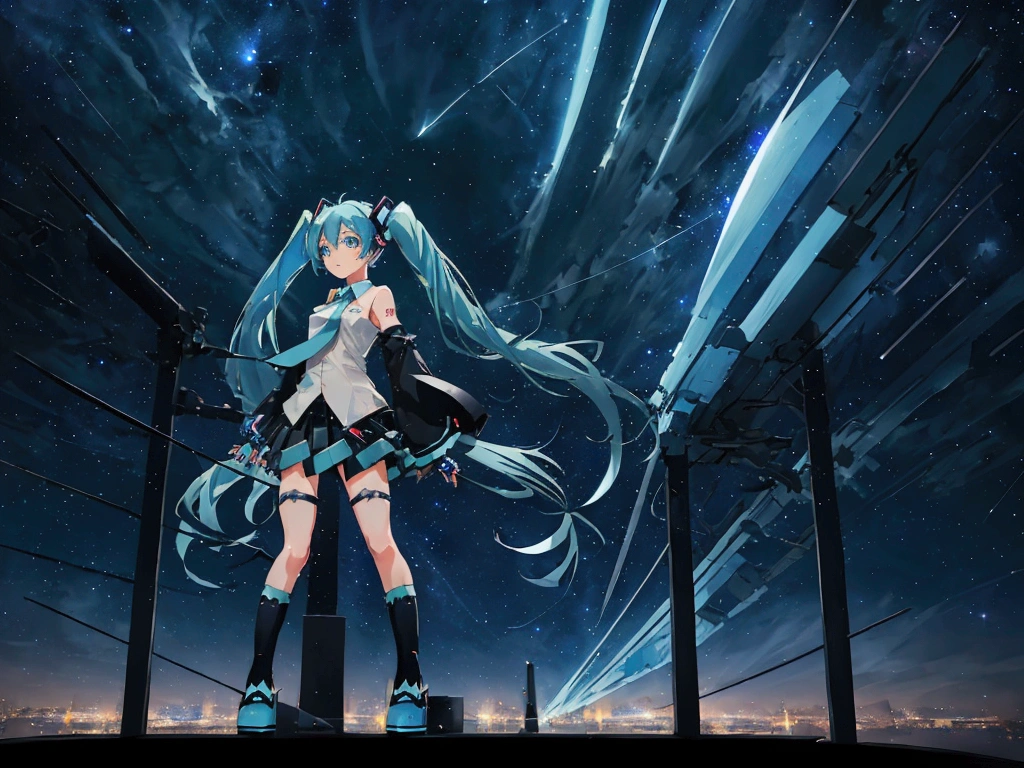 (Hatsune Miku,Light blue hair,Twin tails,No sleeve,tie,mini skirt,socks,Black hoodie),((Blue is the predominant color,Angle from below,Stars in the night sky,Crescent Moon)),(Shining futuristic city at night,Night view,Cyber World),(Dynamic pose,Cool pose,Standing on a glass stage,Cool look,singing,Holding a microphone)