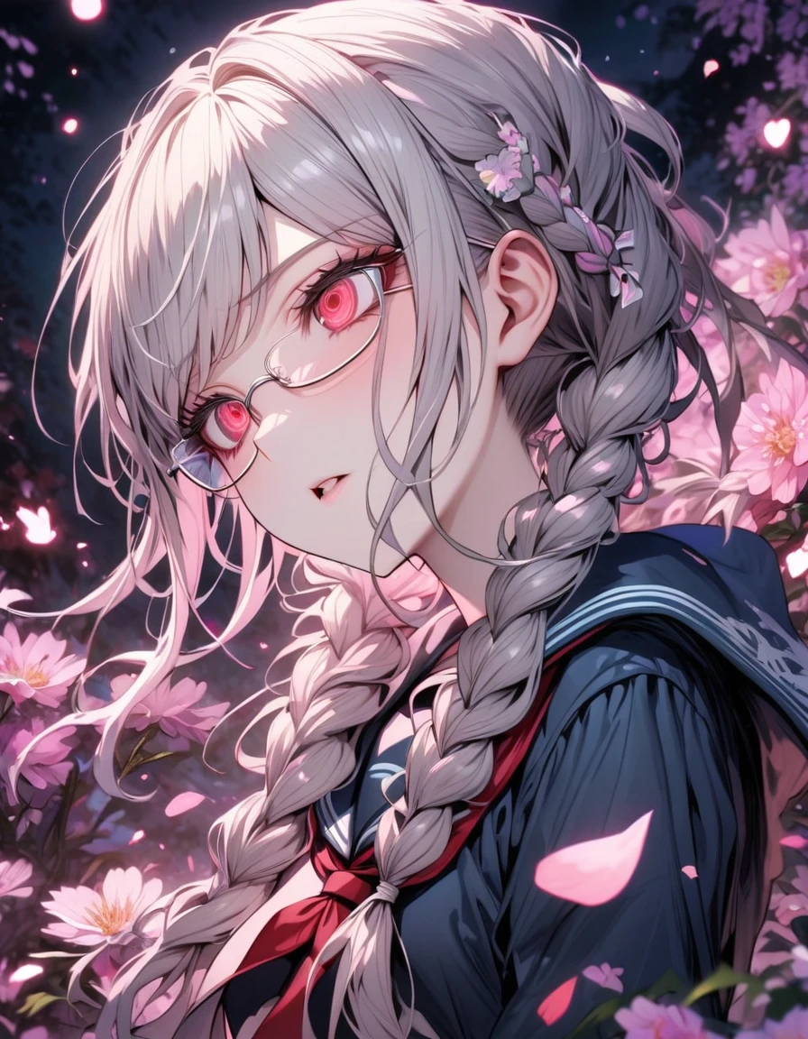 Ultra detailed, highres, absurdres, HDR, master piece, Pekoyama Peko, silver hair tied into braids, expressive red eyes, thin rectangular glasses, turquoise-black seifuku uniform, Danganronpa, pink flowers, petals, fireflies, pink moon, woman, solo, extremely beautiful, very detailed face and eyes, best quality, fantasy, magical, close up
