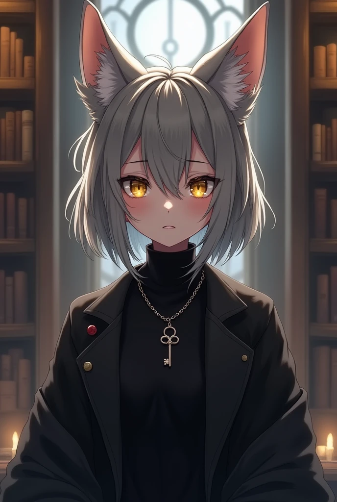 anime, Human girl, gray fur, fox ears, yellow eyes, black clothes, Pendant with a little key, medium height, library background 