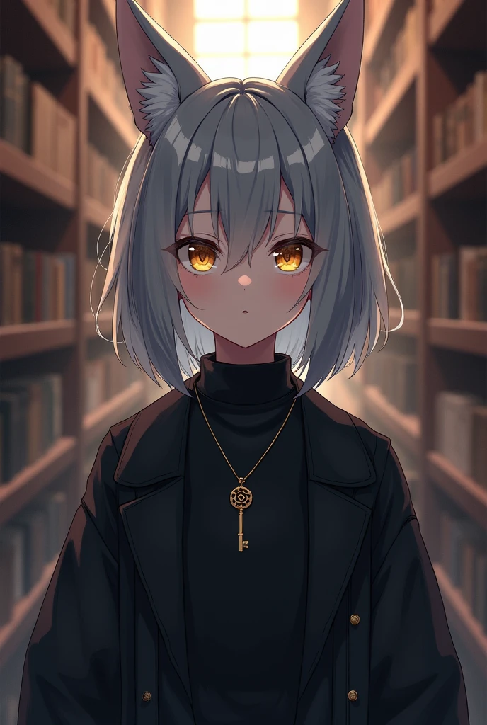 anime, Human girl, gray fur, fox ears, yellow eyes, black clothes, Pendant with a little key, medium height, library background