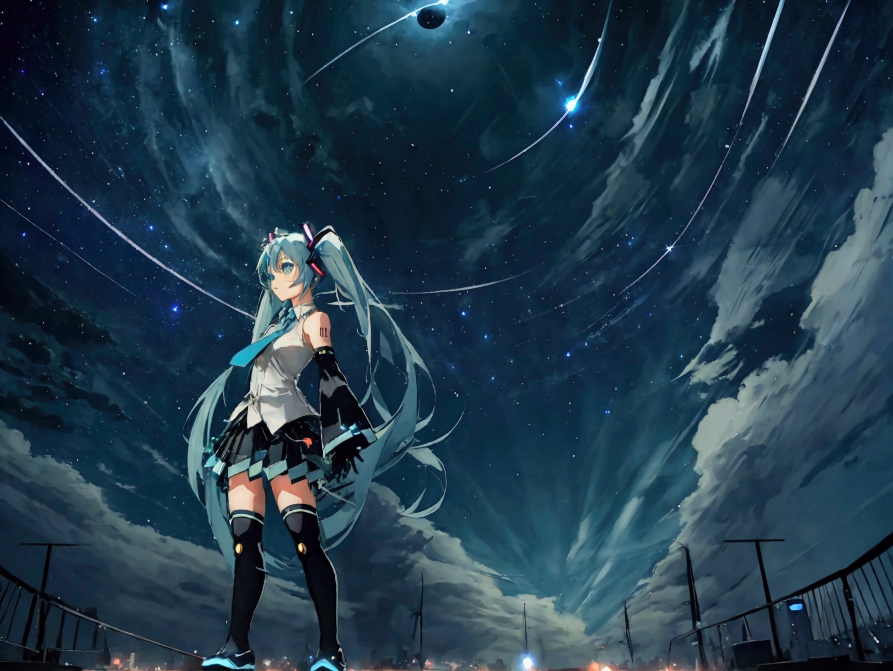 (Hatsune Miku,Light blue hair,Twin tails,No sleeve,tie,mini skirt,socks,Black hoodie),((Blue is the predominant color,Angle from below,Stars in the night sky,Crescent Moon)),(Shining futuristic city at night,Night view,Cyber World),(Dynamic pose,Cool pose,Standing on a glass stage,Cool look,singing,Holding a microphone)