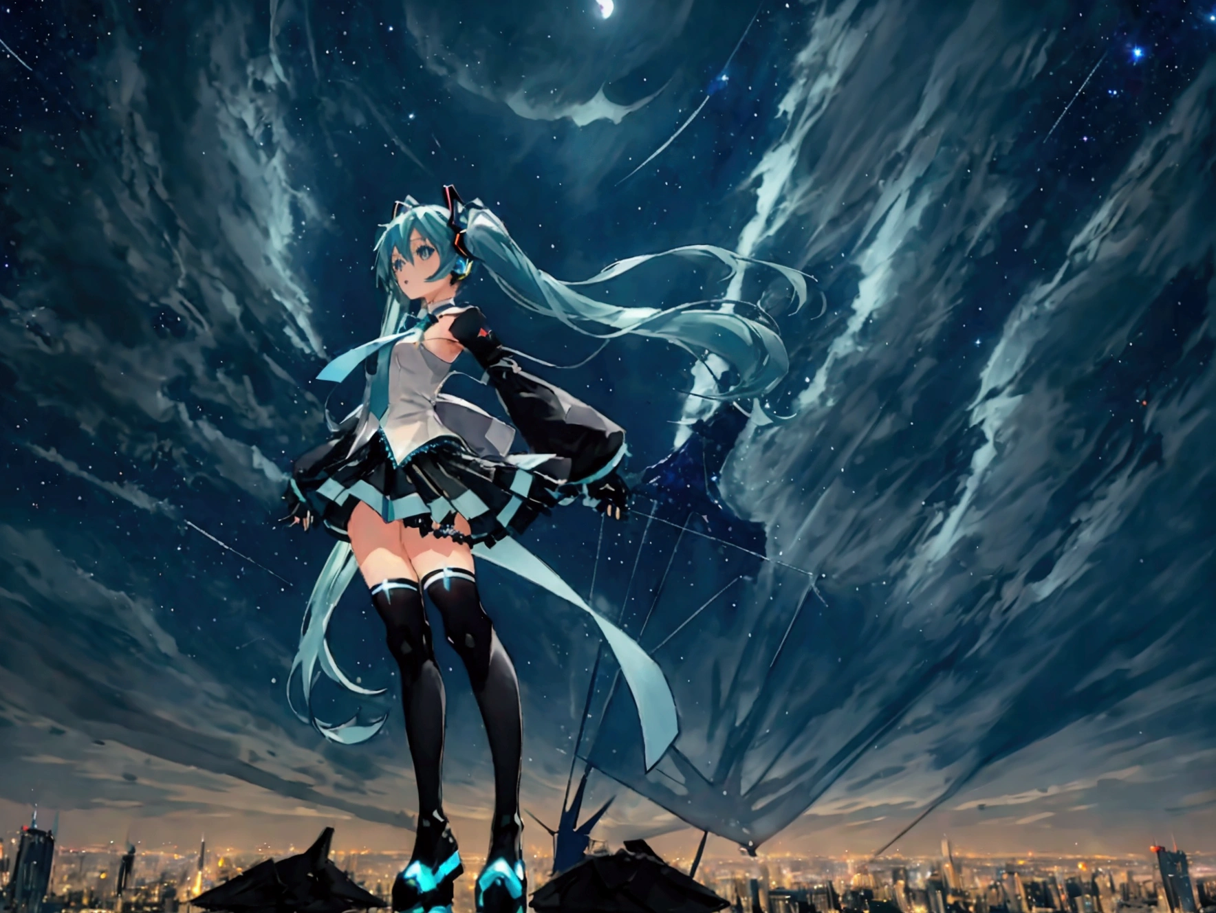 (Hatsune Miku,Light blue hair,Twin tails,No sleeve,tie,mini skirt,socks,Black hoodie),((Blue is the predominant color,Angle from below,Stars in the night sky,Crescent Moon)),(Shining futuristic city at night,Night view,Cyber World),(Dynamic pose,Cool pose,Standing on a glass stage,Cool look,singing,Holding a microphone)