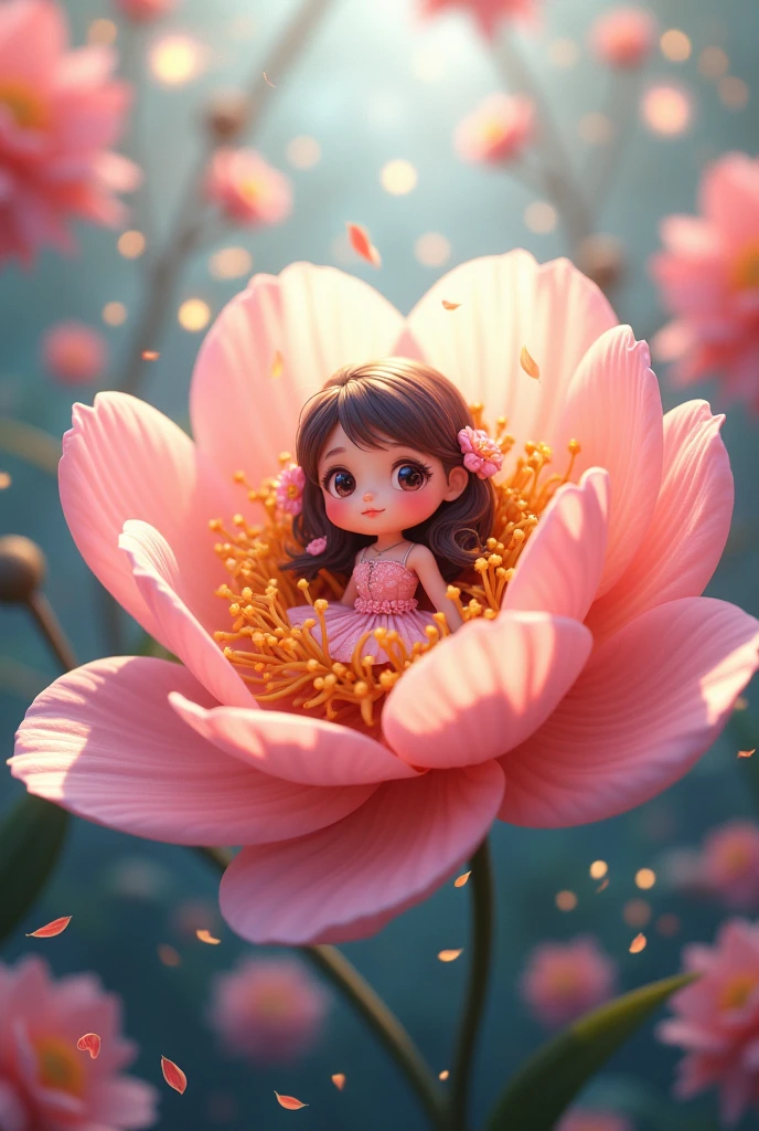 Viral anime in 4K quality in the style of digital illustration,Once Upon a time, a very cute girl was born in a flower. Her name was thamblina. She was so small that she was on a thumb. Cartoon