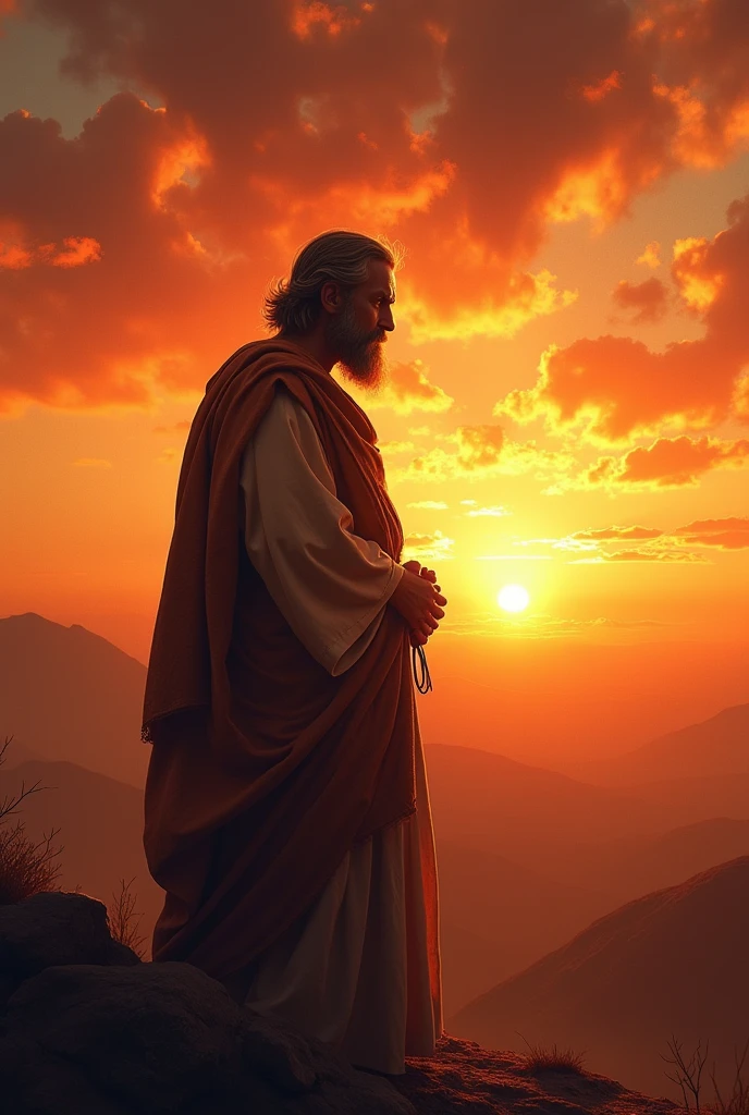 bible character Job with sunset in background, horizontally