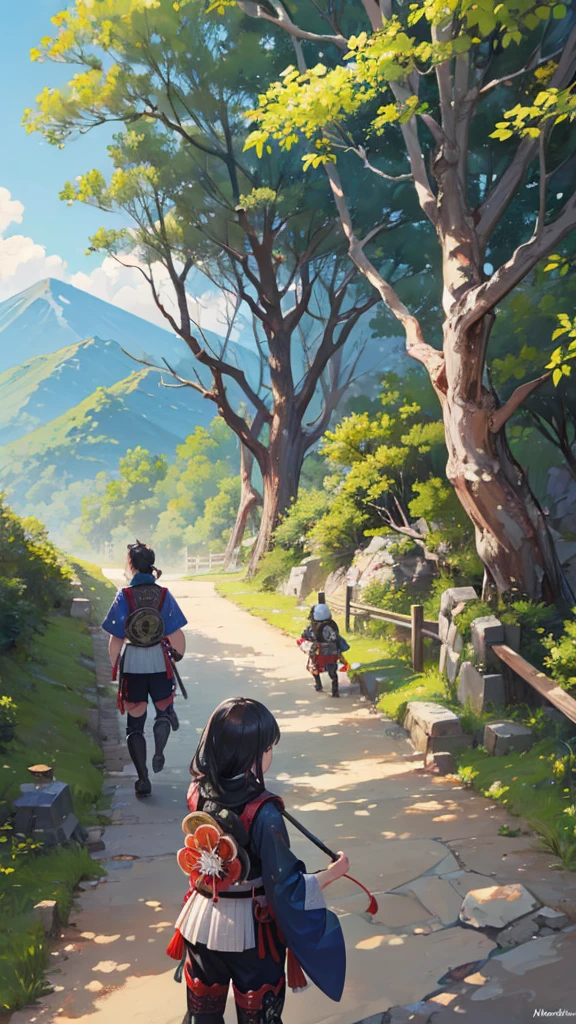Five samurai were passing along a mountain path.、There was a monkey under the tree. Masterpiece,