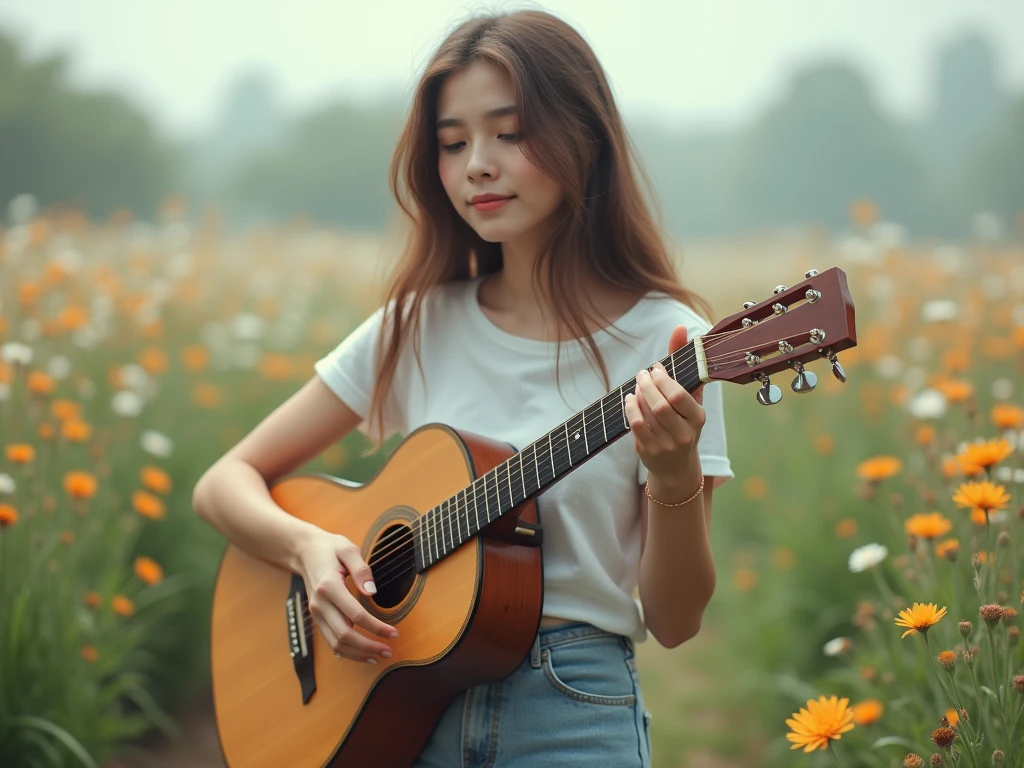 fot, taken from a distance that shows the entire body, She is very young, plein-air, in a flower garden, short mini skirt and t-shirt, medium hips, Caucasian skin, sad for a lost love, long brown hair, a softened wry smile - contained excitement, Soft lighting on your face, realistic skin-clothes-hair textures, sky blue eyes carpeted mist, beautiful real textures and delicate aesthetics, full body view, playing guitar, notable for natural feminine beauty, noise, 8 k quality, FOTO RAW, by professional photographer, rule of thirds, Extremely Detailed