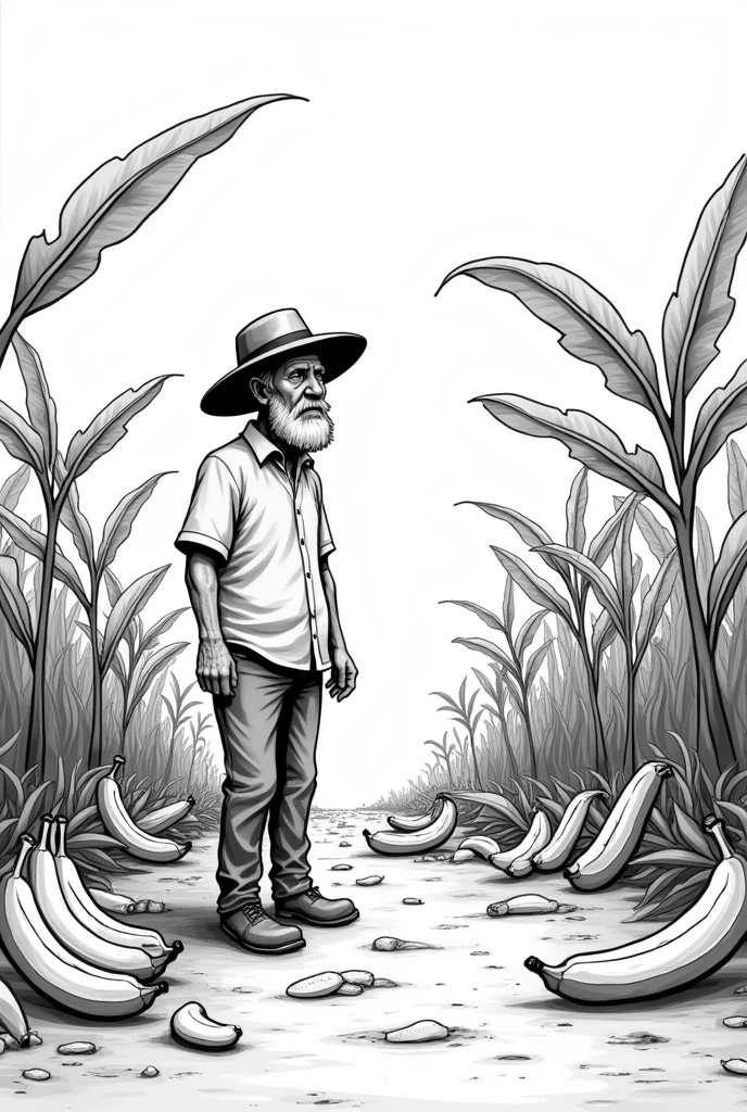 Create an easy to draw black and white drawing, of a slightly older man with a beard and a hat, worried and sad, in a banana plantation as he found them destroyed and fallen to the ground, On the ground you throw out fallen bananas and make the man sad and worried while he watches them , Put a hat on him and more bananas on the ground , That image is fine, just put what I just told you. , He places banana plants around him and the man looks at the bananas on the ground with sadness