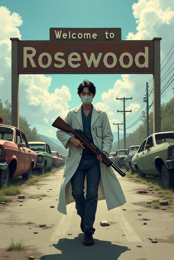 a Japanese doctor carrying a rifle on a road with wrecked cars, some zombies wandering in the background towards you, uma placa escrito "bem vindo a rosewood" rusty