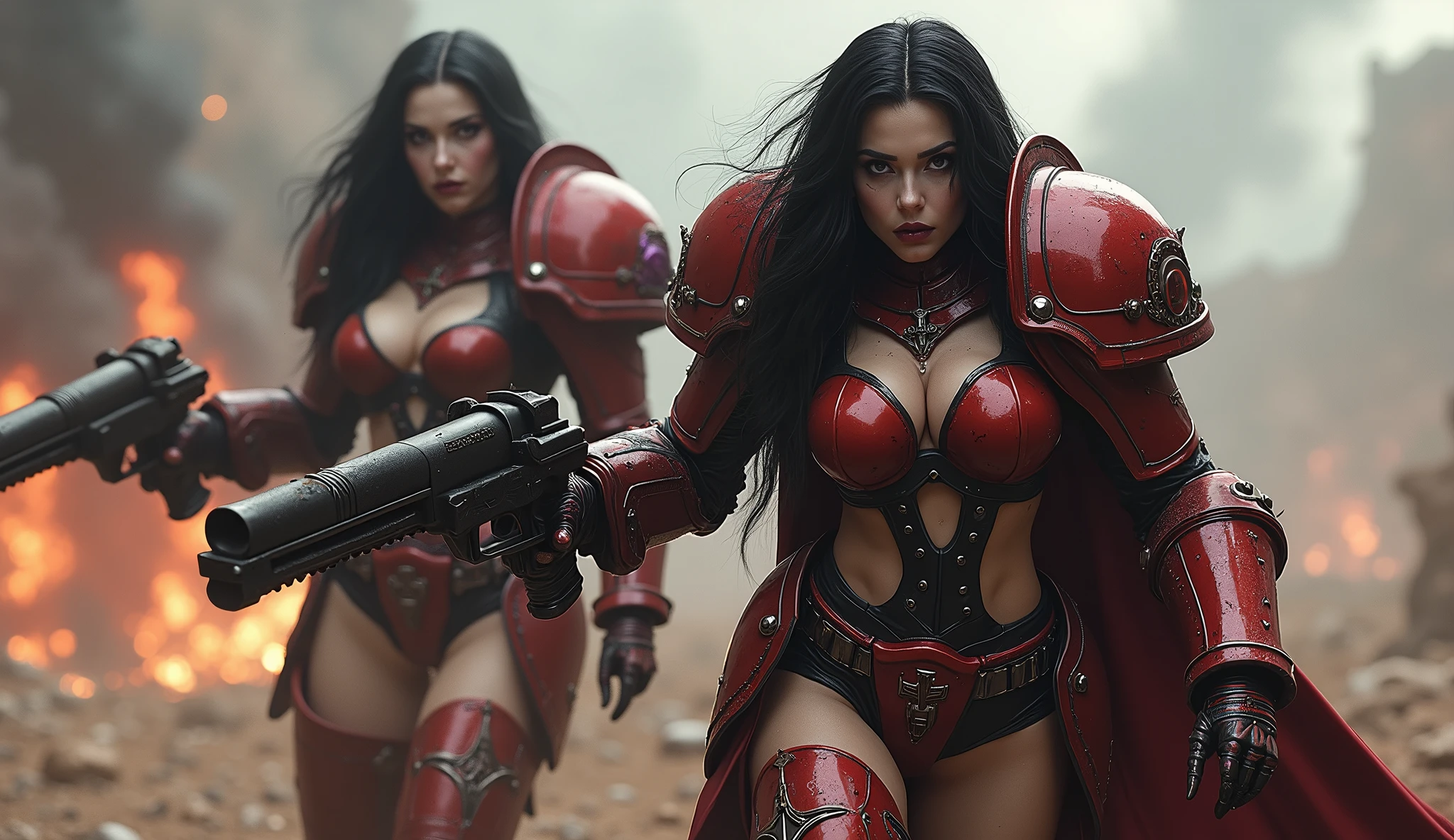 Full body pose sexy sisters of battle from the warhammer 40k, red, black and white armor, religous symbols on the armor, sisters of battle, warhammer 40k, Massive silicone breast, pale skin, seductive, temptation, eat your soul, clevage, long flowing black hair with purple highlights, heavy gothic makeup, at night, neon, beautiful detailed eyes, beautiful detailed lips, extremely detailed eyes and face, long eyelashes, highly detailed armor, intricate weaponry, dramatic lighting, cinematic composition, muted color palette, gritty and realistic, mecha, science fiction, hyper-detailed, photorealistic, award winning digital art, 8k, HDR, masters work, in the middle of a battle field, full body combat action pose, explosions and fire around, full war, stunning, Stilleto heels, high heels, full body pose, cinematic, movie trailer, final stand!, nemesis, ready to strike, dust and debree, combat screams, attacking. shooting at the enemy, running forward, last line of defense, charging