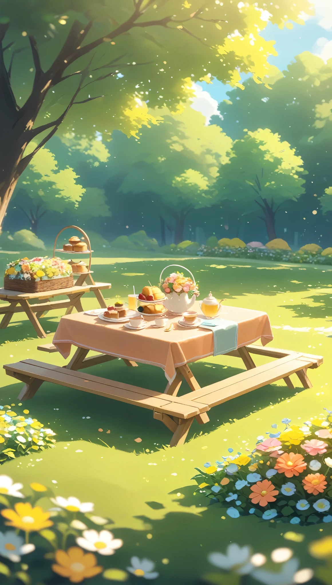 landscape Afternoon Tea, Flower garden Cozy,Orange Pink ,picnic , There are no human characters,No people