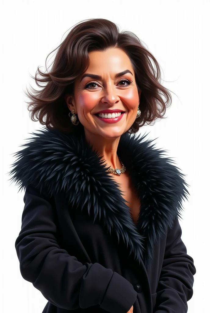 women, black fur, 30 years, Spanish, White background, caticature style