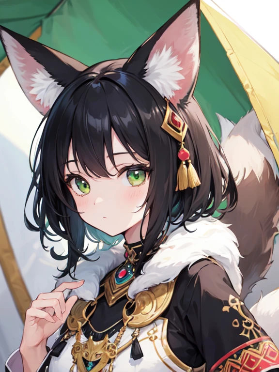 girl with green eyes,detailed face, long eyelashes, black hair, green eyes, fennec fox ears, wearing tribal clothes, in a tent, ultra-detailed,,fantasy, high quality, detailed body