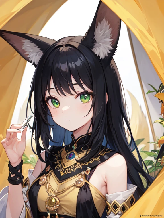 girl with green eyes,detailed face, long eyelashes, black hair, green eyes, fennec fox ears, wearing tribal clothes, in a tent, ultra-detailed,,fantasy, high quality, detailed body