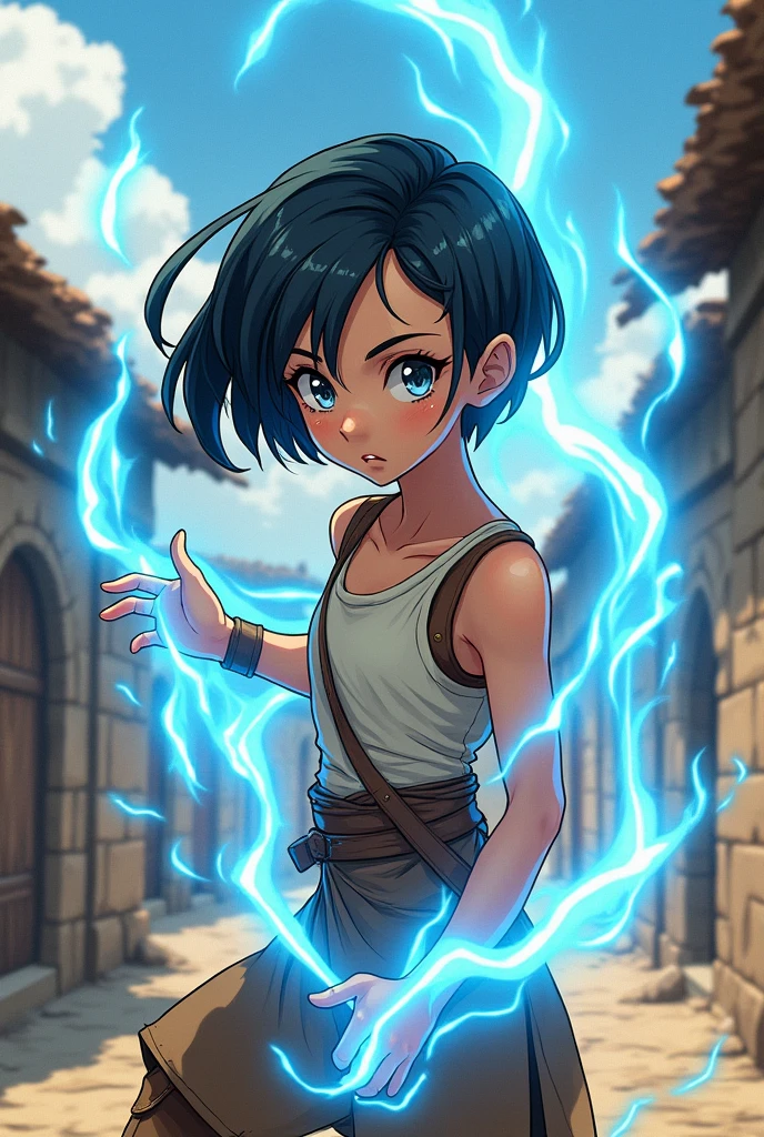 Anime version manga lines drawn in dragon ball style, girl from , 1,60 tall, tanned skin, striking silver eyes, black hair, smooth and short, simple clothes of a poor medieval village, with leather in parts, dainty, use air powers