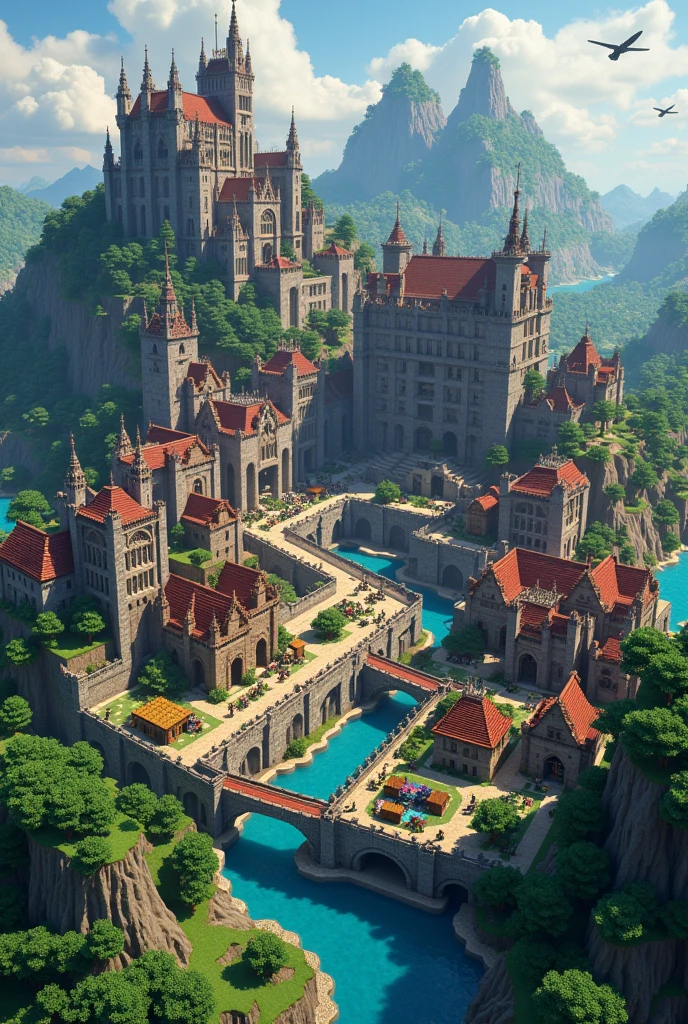 Aerial image of a large medieval city in Minecraft