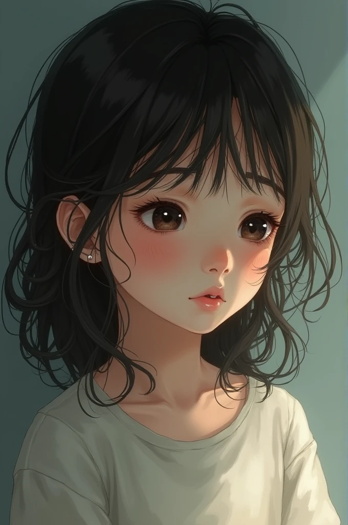 Illustrate a girl, the girl's face looking down in a medium close up shot