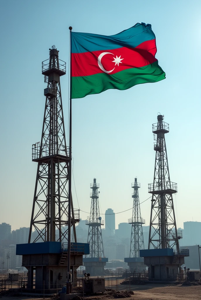 I want a photo of the oil wells and the flag of Azerbaijan in the city of Baku