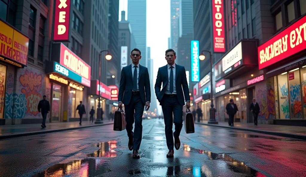 2 business man walking on the streets of New York City in 2024, detailed urban cityscape, neon lights, skyscrapers, street art, gritty atmosphere, cinematic lighting, vibrant colors, photorealistic, 8k, highly detailed, masterpiece