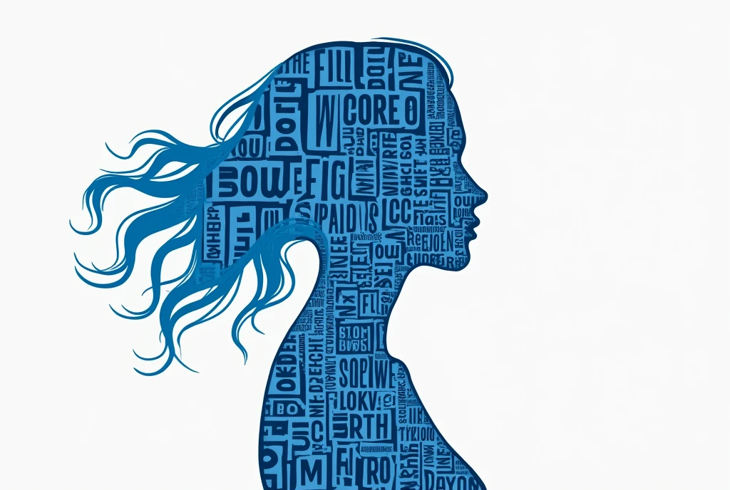 A silhouetted portrait of a woman. Exquisitely designed typography with text elements covering her entire body. The woman has flowing blue hair and is depicted in profile. The text all over her body seems to represent social media metrics such as "followers", "likes" and "remixes". The overall theme seems to be a commentary on the influence of social media and the metrics that define popularity online.