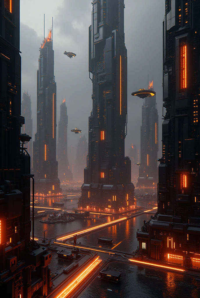 Futuristic city with black and orange tones