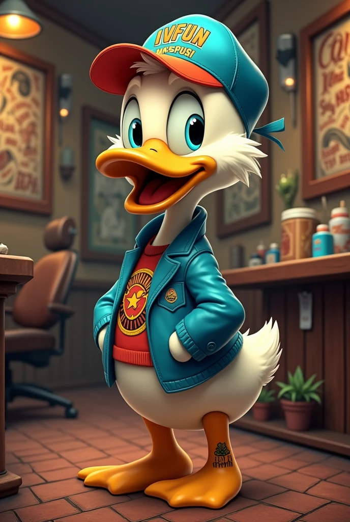"Visualize a teenage duck in the style of Scrooge McDuck, sitting in a tattoo parlor while waiting for a tattoo appointment. The duck is dressed in a classic Scrooge McDuck-inspired outfit with a modern twist: a bright IVFun logo cap perched on its head and a prominent IVFun tattoo visible on its leg.
The tattoo parlor is rendered with intricate detail, showcasing an array of tattoo designs on the walls, a reception area, and tattoo chairs with detailed textures. The room features various tattoo-related paraphernalia, like ink bottles and needles, adding to the authenticity.
The duck’s expression is a mix of excitement and anticipation, with its eyes scanning the room and its beak slightly open. The parlor is bustling with activity, and the overall scene is meticulously detailed to create a vibrant and immersive atmosphere. This setting combines the playful, youthful essence of the duck with the unique, artistic environment of a tattoo salon."