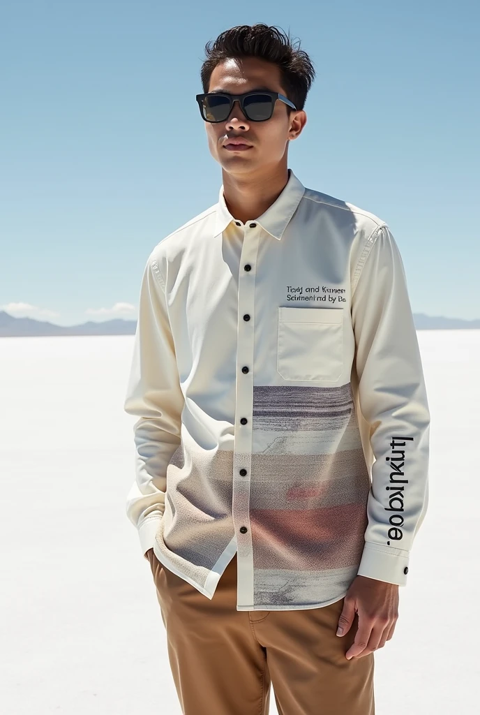 A long-sleeved shirt inspired by the Uyuni salt flat that says Tinku Khunpa in small letters on the right side and that has things that represent Bolivia and its aguayo