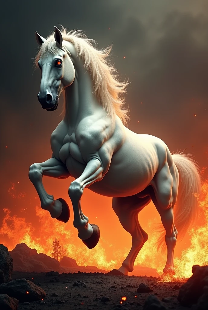 Create a round picture with a white aggressive PullHorse with exaggerated protruding muscles and veins and fiery red eyes, which stands on its hind legs and with its front hoof in a black, carbonizing, flames ground in stomps. The background should be a flaming inferno and otherwise a black background.