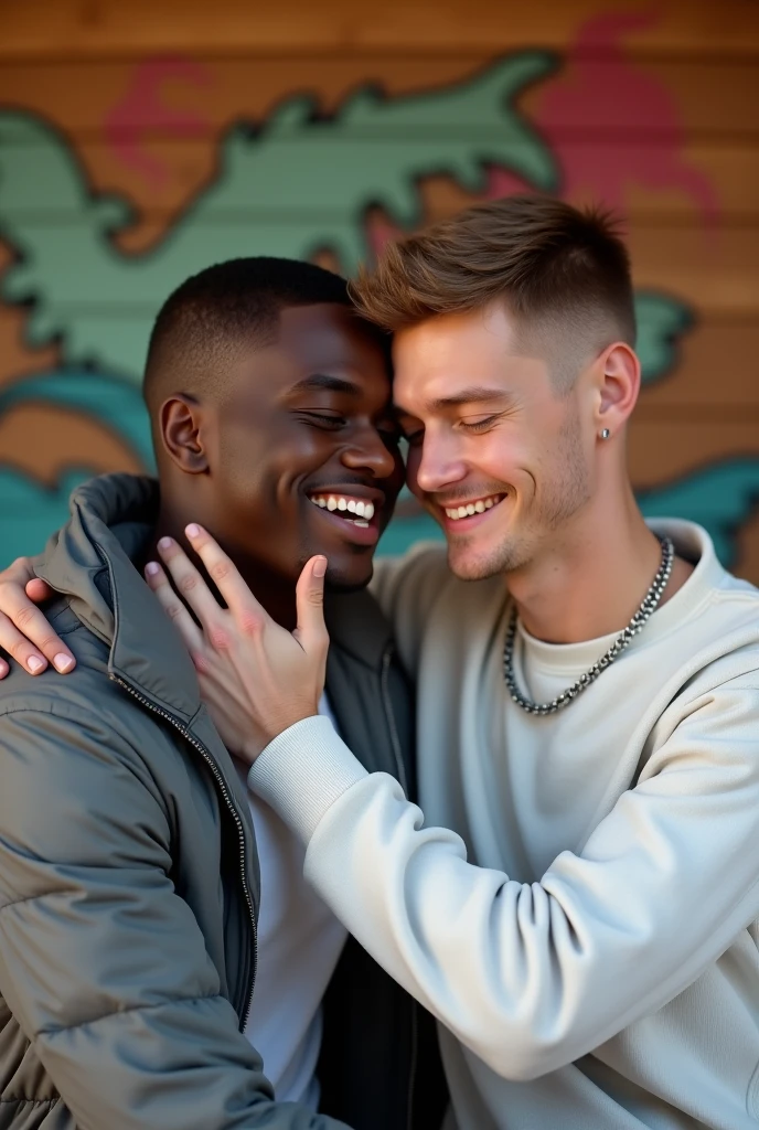 best qualityer:1.4), (ultra high resolution:1.2), (photorrealistic:1.4), (8k, CRU photo:1.2), A male couple is hugging in a relaxed atmosphere. A man with black skin, with grey cap, corte de cabelo buzzcut, is wearing a white shirt and a gray puffer jacket, is smiling softly, with her head resting on the boy's shoulder. The boy with fair skin, is wearing a white sweatshirt and a thin silver chain, short, light brown hair, also smiles slightly, with his hand resting on her neck. Ao fundo, there is a wooden wall and a colorful painting, possibly an artistic mural, which adds a vibrant touch to the intimate and affectionate scene