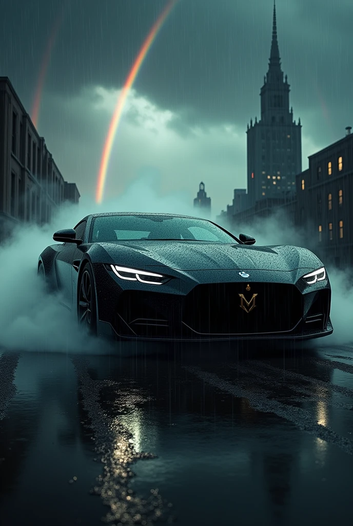 A big black Mafia car with dark sky and rainfall with rainbow and back side building 