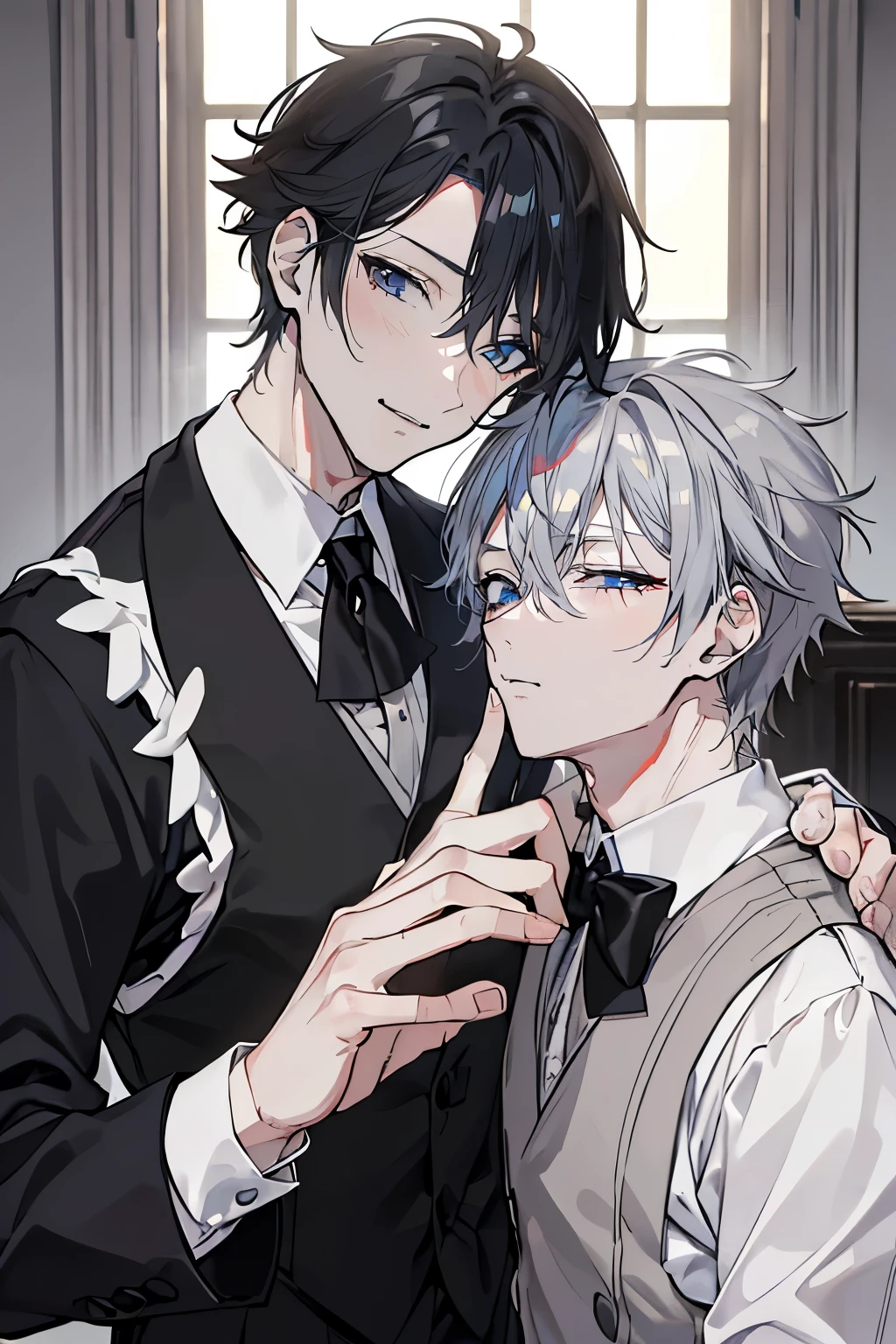 (Mastepiece)、(Best Quality)、Very detailed、((Two butlers:1.5))、Perfect Face、Beautiful Face、Very detailedな顔、(Black-haired man:1.3)、(Grey-haired man:1.3)、Deacon's uniform、(monocle:1.3)、(Wearing white gloves on both hands:1.3)、Smiling face