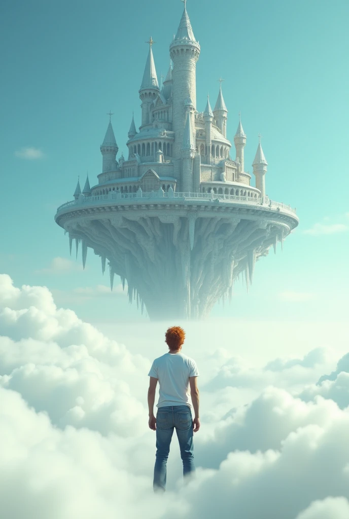 The endless plain covered of cloud. A cinematic medium shot of a man with reddish-blonde hair wearing a t-shirt and jeans. His haircut is in the style of the 80th. He is between the fluffy white clouds, knee-deep in clouds, and looking at a beautiful, magnificent flying fantasy castle with intricate details. The castle is floating in the air above the clouds. The background is a clear blue sky. The castle has a heptagonal symmetrical shape, the corner towers are connected to the central part by galleries and passages. The castle is both a defensive structure and a masterpiece of architecture. It has a futuristic look, but at the same time fantasy fairy tale outlines. (high resolution, high detail, best quality),
(masterpiece:1.2,Highest quality,Ultra-high resolution,Very detailed,Realistic,Ultra-high resolutionのカメラ),8k,wallpaper, A cool, sci-fi look,,masterpiece,Highest quality,Ultra-high resolution,(Super detailed),8k,Realistic,Best aesthetics,beautiful,(dynamic,Great impact:1.2), (HDR:1,2), high contrast.