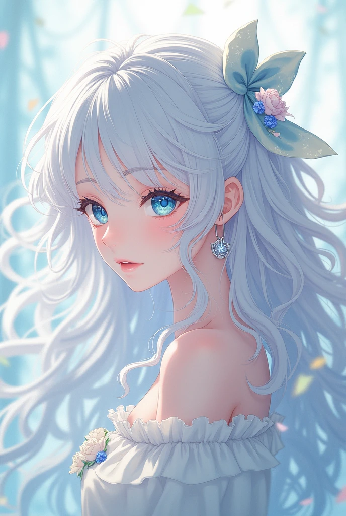 An anime girl about , her hair is white, curly and very long, her eyes are crystal blue, her hair is loosely tied with a bow