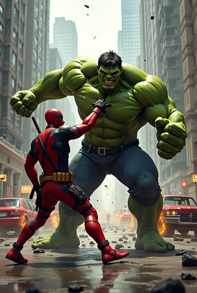 Deadpool and hulk fight car