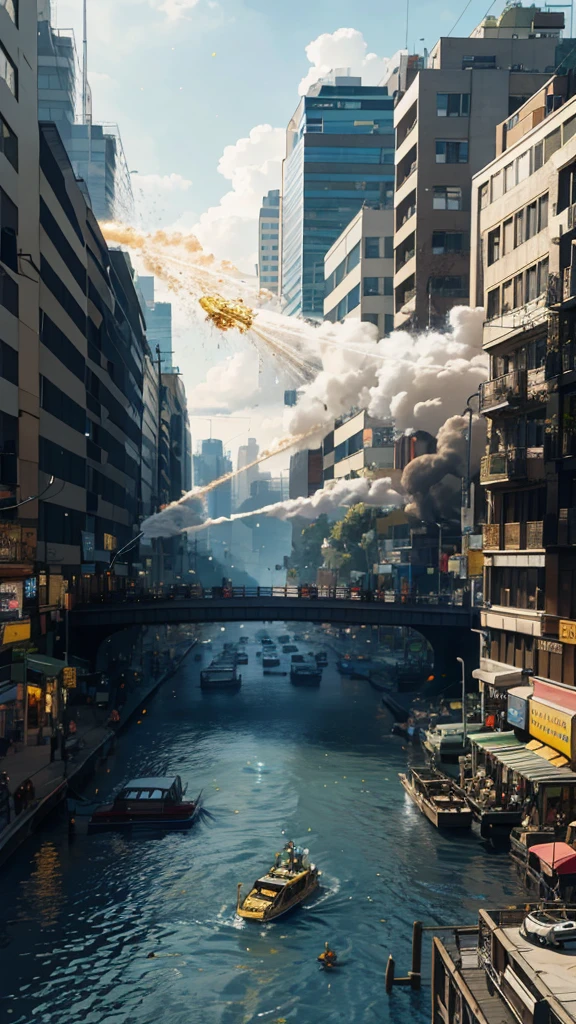 The picture of the scene is very wide. The picture is so wide that you can see a scene of an angry green Thai khon khon using a club to destroy. Decorated with gold and black. Destroy the big city with tall buildings. Elevated walkways, cars on the road, fire, smoke, and splashing water. The CG scenes are spectacular beyond imagination. The most spectacular CG. Scattered objects Very beautiful and complicated Beautiful details Image clarity is very high. The background