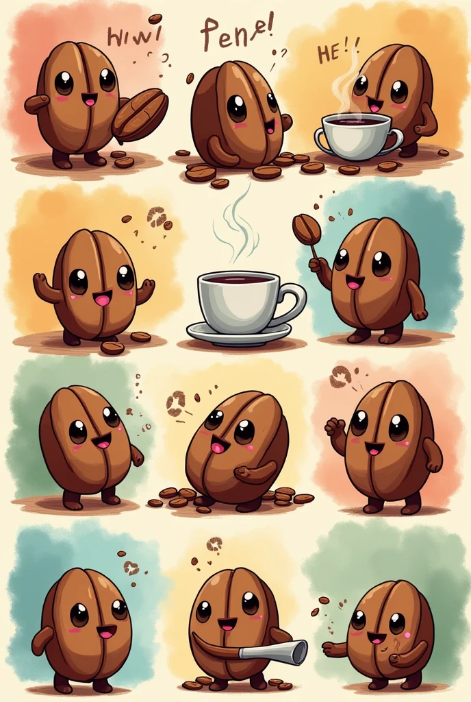 Create 10 variants of cute coffee beans in the form of comics