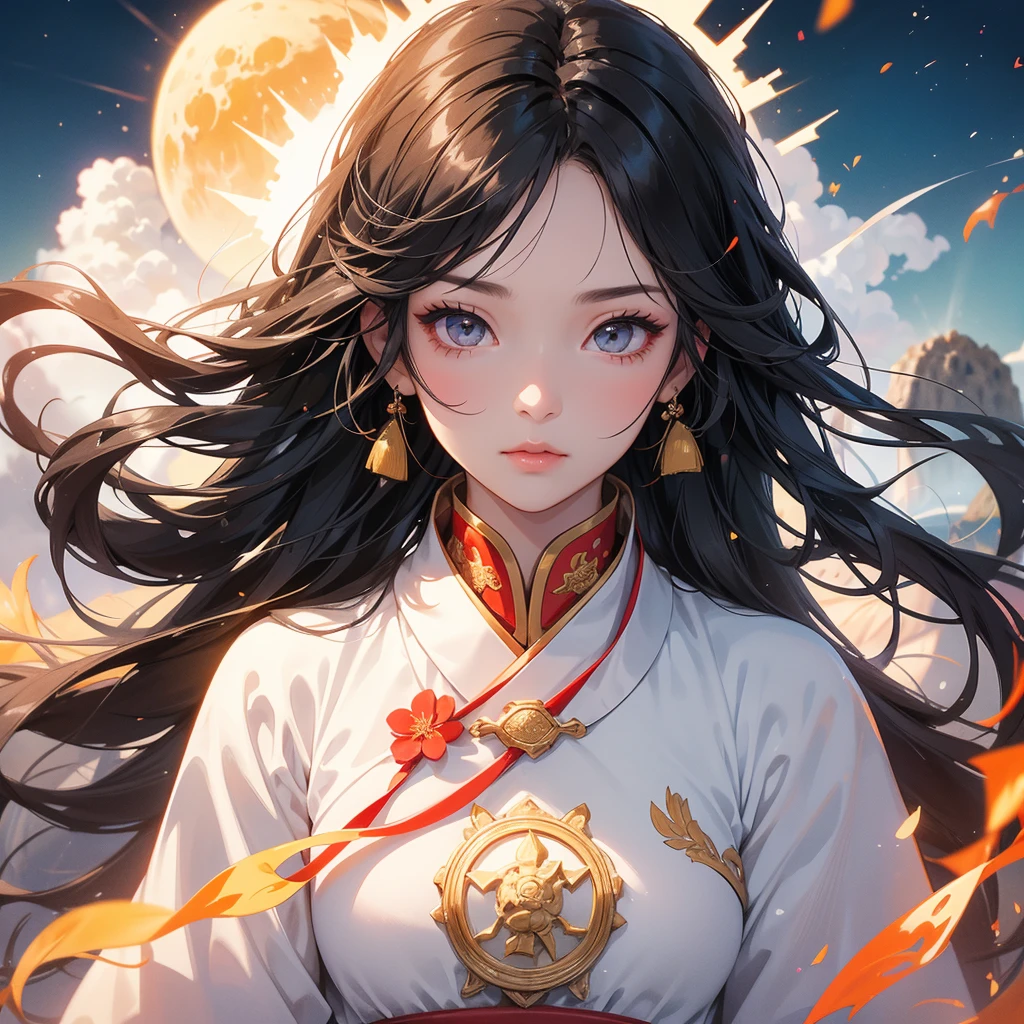 A beautiful girl with black long hair, wear white ancient chinese clothes, There are some floating clouds, with the sun shining on her face, close up.
Background is a volcano, lava erupting red