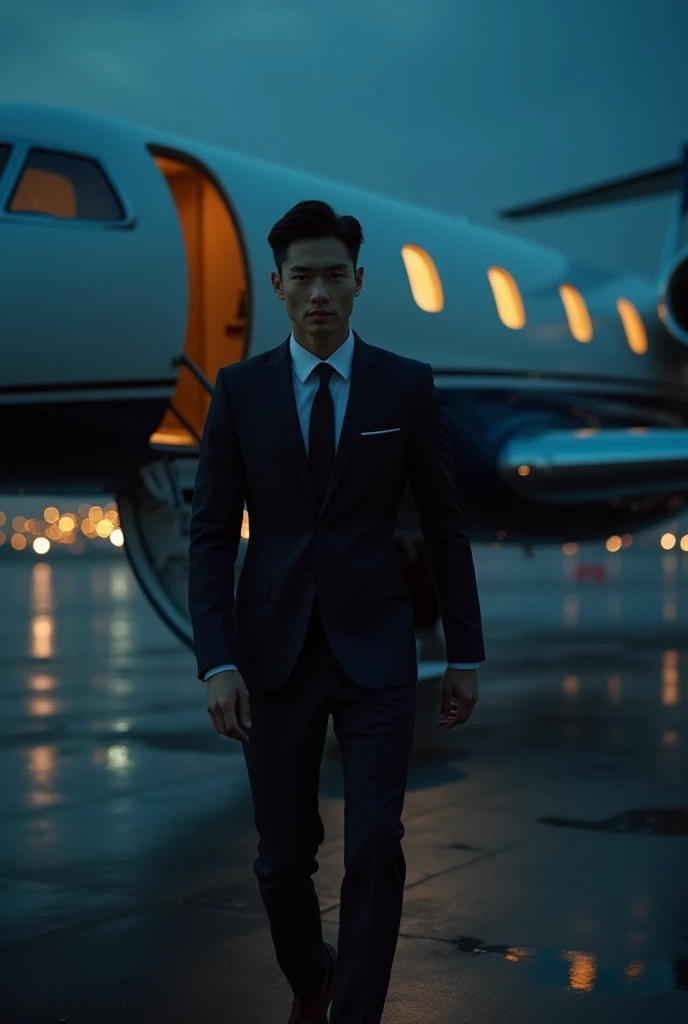 Dark image of a handsome young Korean CEO man leaving on a plane 