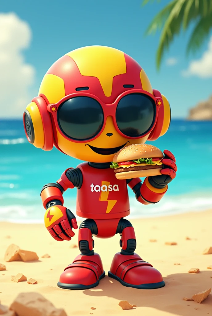 Create an Olympic mascot of a character that is on the beach eating a hamburger, It must be a robot that has the colors red and yellow, He must wear sunglasses and on his chest he must have a lightning bolt logo with the word TAACSA