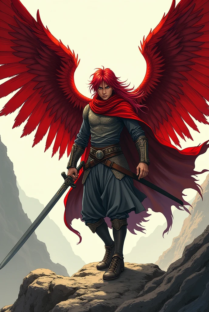 A male angel in war clothes, red wings and long straight red hair, rock bottom, manga style, young male face not very strong with sword