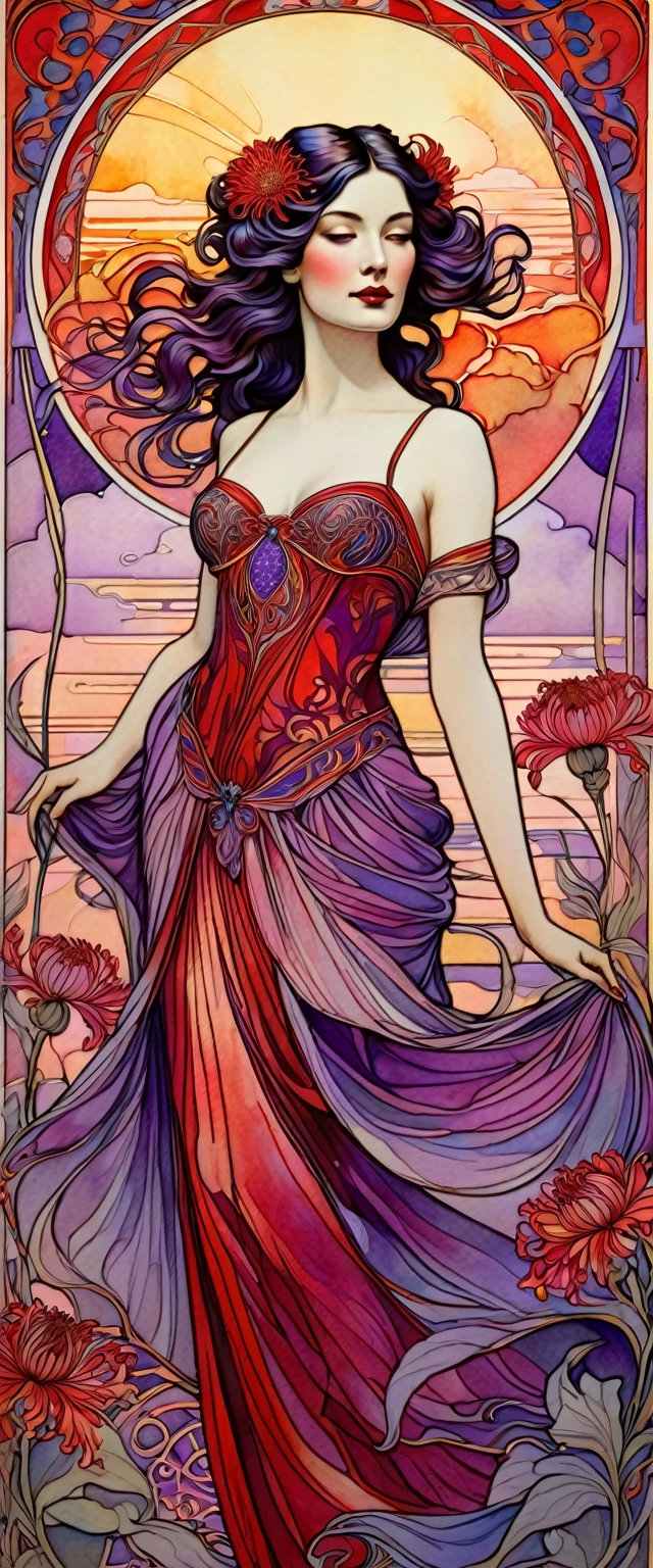 Art Nouveau portrait, surrounded by intricate patterns, in ink and watercolour, of beautiful woman, the queen of beauty, the personification of ruby, a femme fatale with a languid gaze, sensual pose, wearing a goddess dress with a red skirt, in colour switching with purple irises, behind her back the sunset is burning, and in the foreground openwork red chrysanthemums - a symbol of love and passion, inspired by Alphonse Mucha.