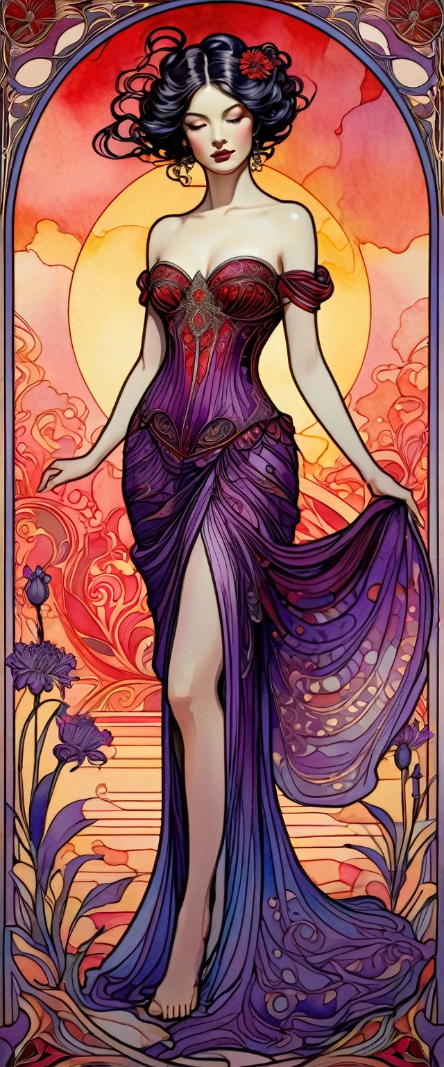 Art Nouveau portrait, surrounded by intricate patterns, in ink and watercolour, of beautiful woman, the queen of beauty, the personification of ruby, a femme fatale with a languid gaze, sensual pose, wearing a goddess dress with a red skirt, in colour switching with purple irises, behind her back the sunset is burning, and in the foreground openwork red chrysanthemums - a symbol of love and passion, inspired by Alphonse Mucha.