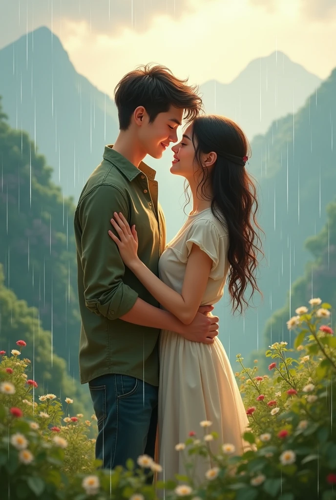Cute couple in rain and mountains